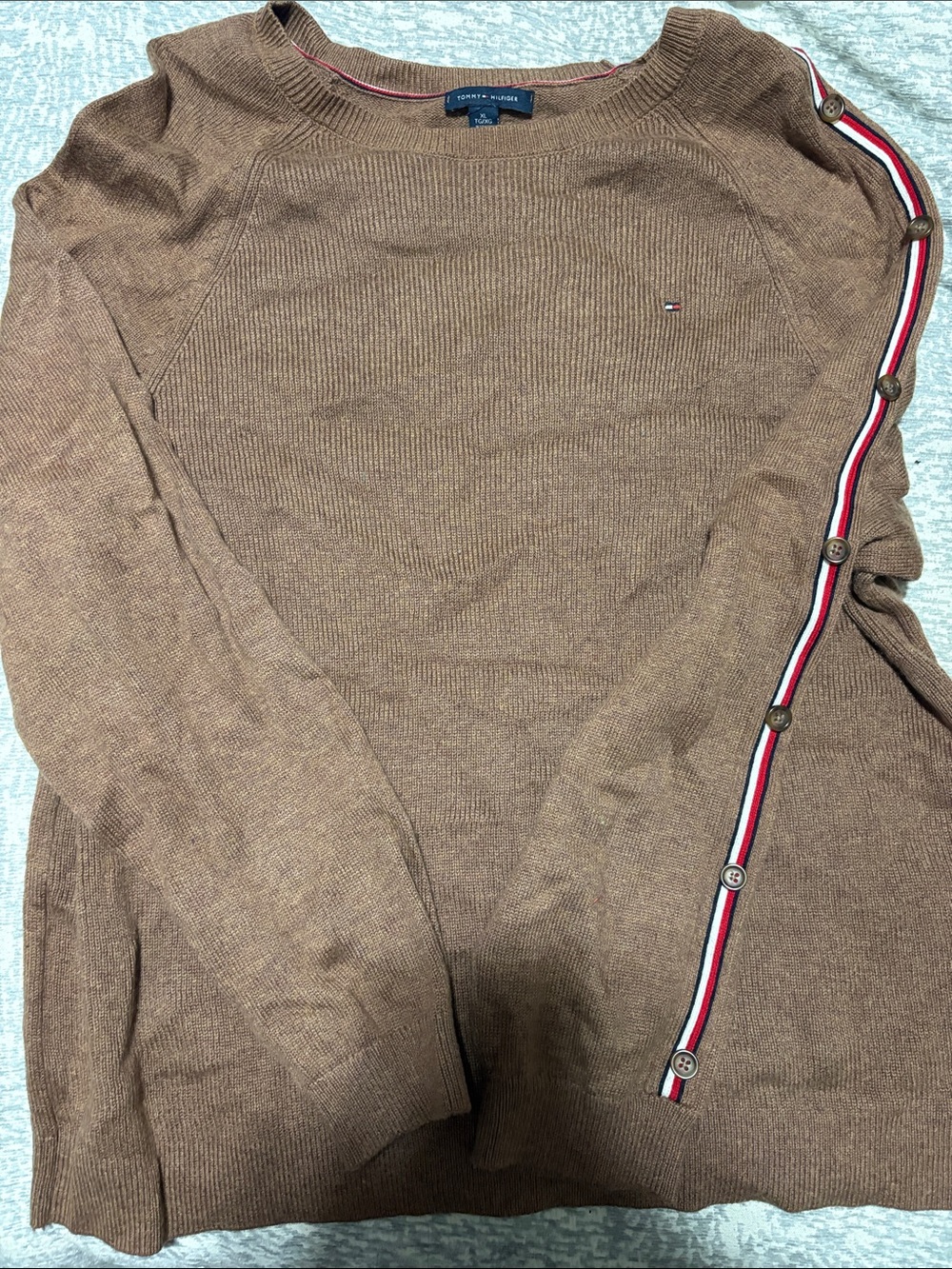 Tommy Hilfiger Men’s Tan Crewneck Sweater with Signature Stripe Button Trim